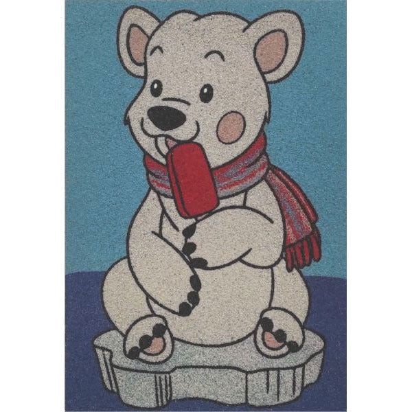 Homokfestés sablonkép jegesmedvével és fagylalttal, egyszerű gyermek kézműves tevékenység.