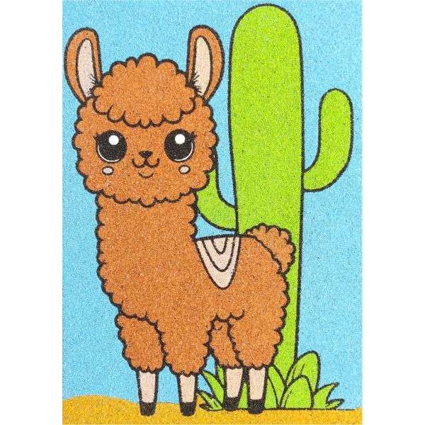 Llama sand art with colorful sand and cactus background.