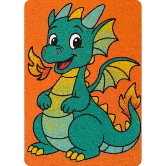 Tűzokádó sárkány mintájú homokfestés színes homokkal és sablonképpel