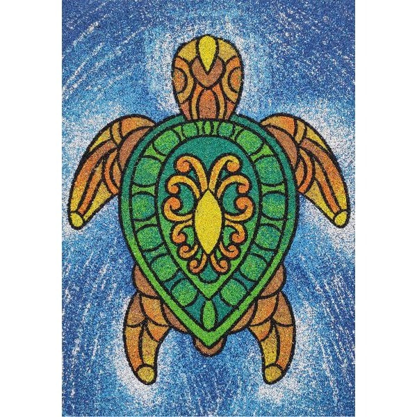 Felnőtt homokkép csomag - teknős sablon homokfestése kék háttéren, stresszoldó kreatív tevékenység.