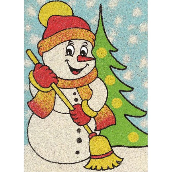 Seprűs hóember homokkép kreatív készlet gyerekeknek háttérben karácsonyfa.