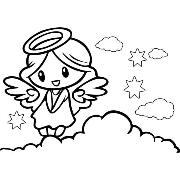 Coloring outline of an angel for sand art with clouds and stars, Angyal homokkép.