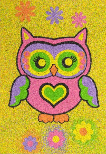 Colorful owl sand art with vibrant flowers.