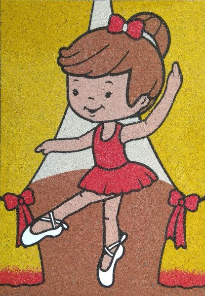 Balerina homokkép színes homokkal, kreatív sablonkép gyerekeknek.
