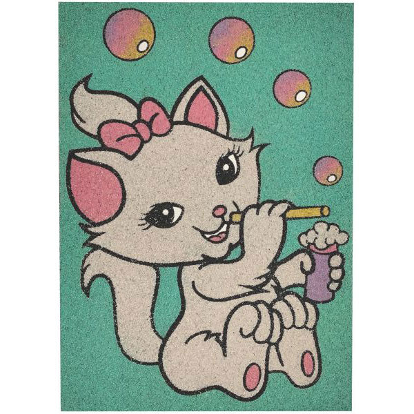 Cute cat blowing bubbles in a colorful sand art kit.