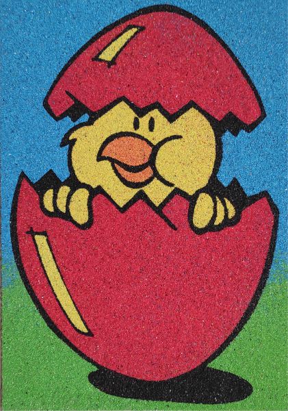 Csibe homokkép készlet színes homokkal és sablonképpel.