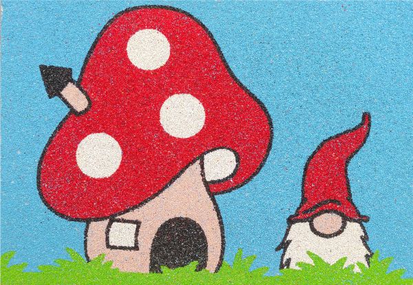 Gombaház manóval homokkép színes sablonnal és manó figurával.