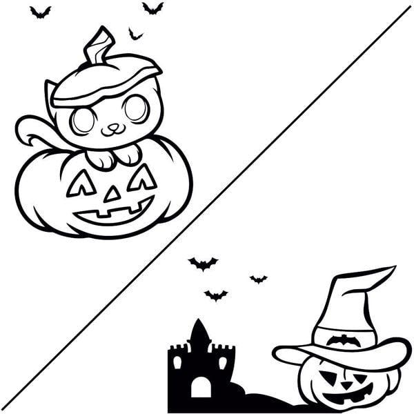 Halloween sand art kit with two stencil designs, featuring a cat in a pumpkin and a jack-o'-lantern with bats and castle silhouette.