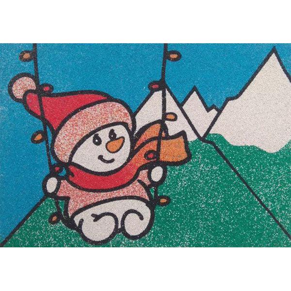 Swinging snowman sand art kit with colorful sand and stencil for creative fun.
