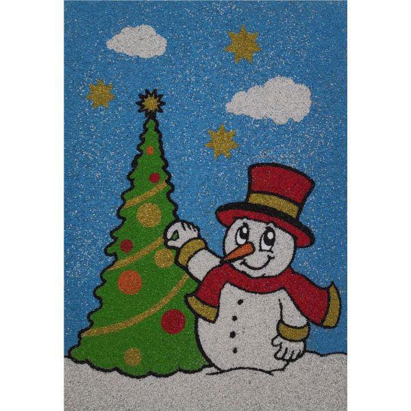 Snowman sand art with Christmas tree on blue background.