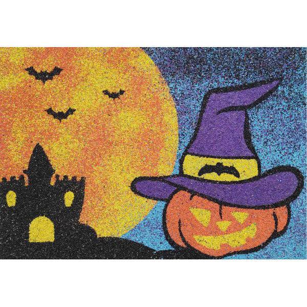 Kalapos tök homokkép sablonkép színes homokkal halloween témára.