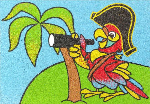 Pirate parrot sand art kit with colorful image of parrot and palm tree.