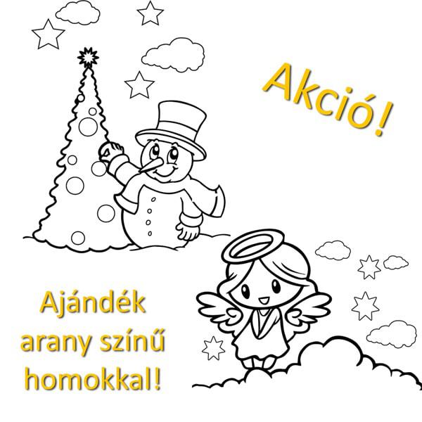 Karácsonyi homokkép csomag promóció, hóember és angyal sablon ajándék arany színű homokkal.