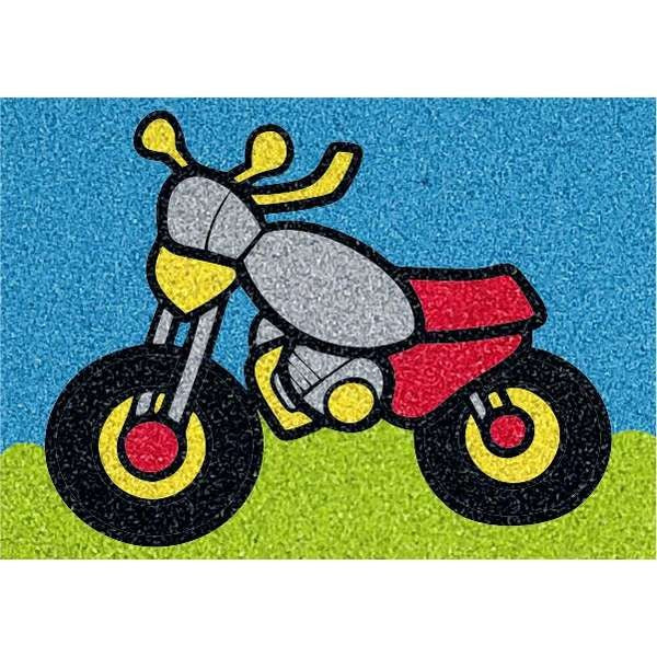 Colorful motorbike sand art project for kids with stencil and colored sands.
