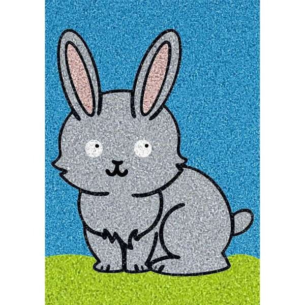 Nyuszkó homokkép sablon színes homokkal, kreatív gyerekjáték.