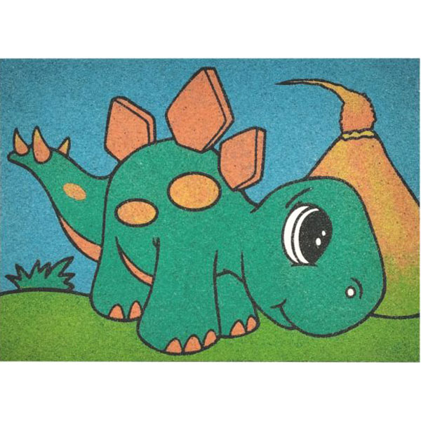 Colorful dinosaur sand art kit for kids, creative crafting activity.