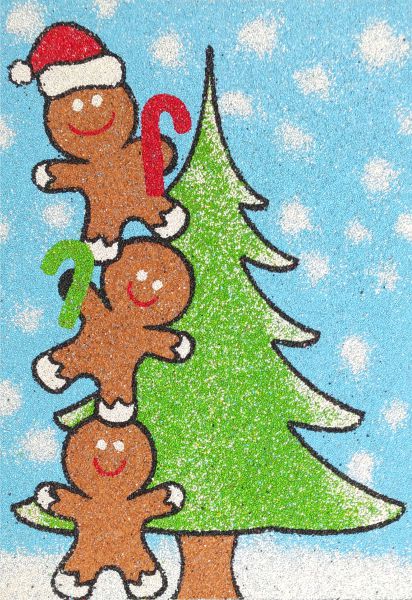 Mézis karácsonyfa homokkép készítőkészlet, három emberfigura karácsonyfán, kreatív homokfestés készítőcsomag.