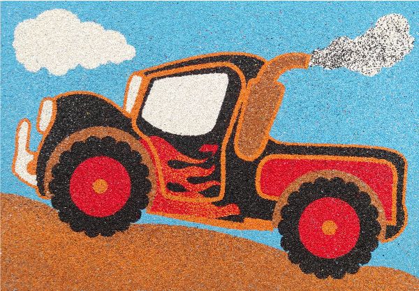 Pick-up homokkép készlet sablonképpel, színes homokkal dekorálva.