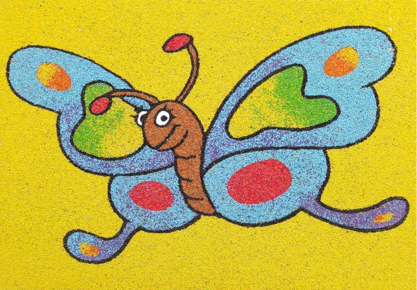 Colorful butterfly sand art with vibrant patterns on a yellow background.