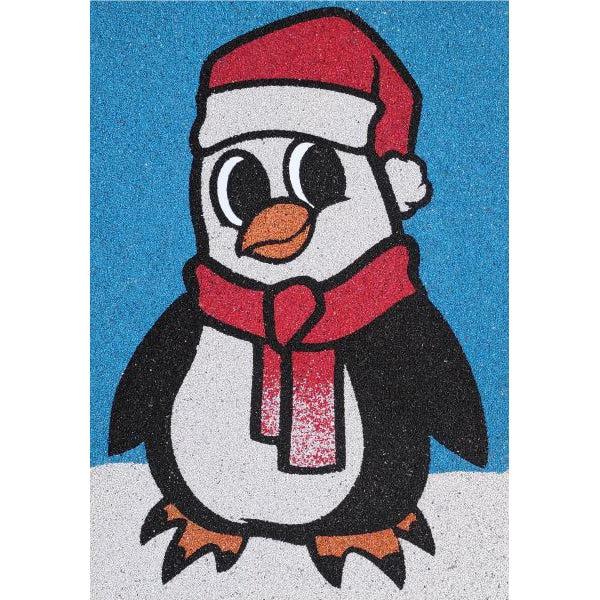 Penguin sand art kit with colorful sand and template for creative crafting.
