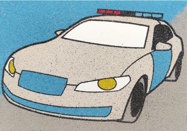 Police car sand art kit with colorful sand and stencil for creative activity.