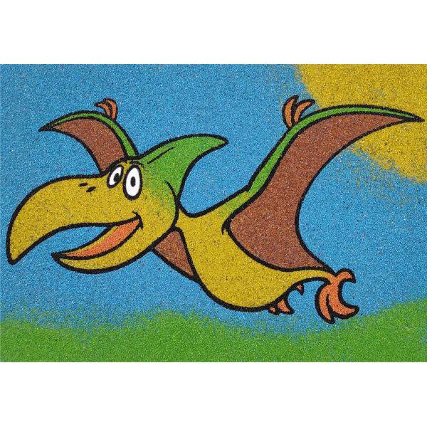 Flying dinosaur sand art kit with vibrant colors on a textured background.