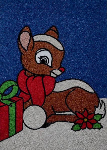 Rudolf with a present sand art template for kids.