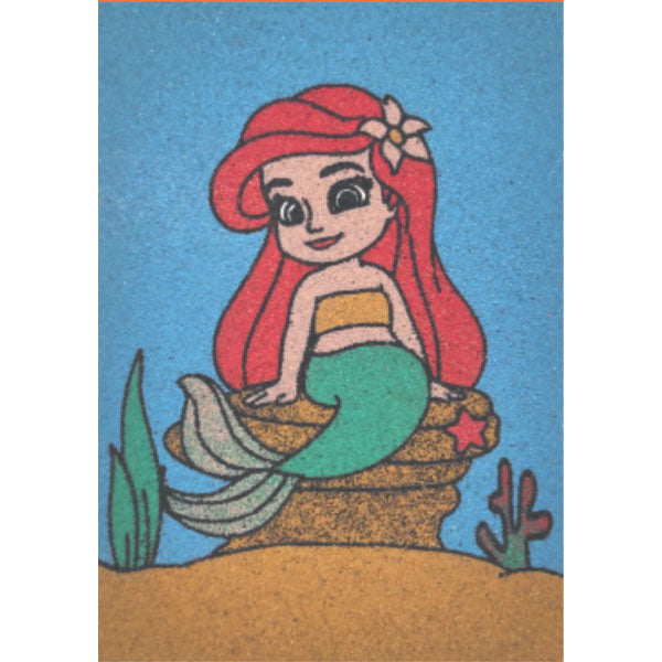 Mermaid sand art kit with colorful sand and design template.