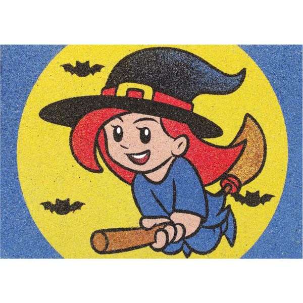 Colorful sand art of a witch on a broomstick with bats in the background.