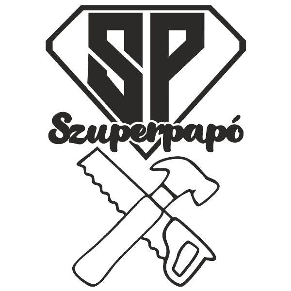 Szuperpapó homokkép készlet logója háttérben kalapáccsal és fűrésszel.