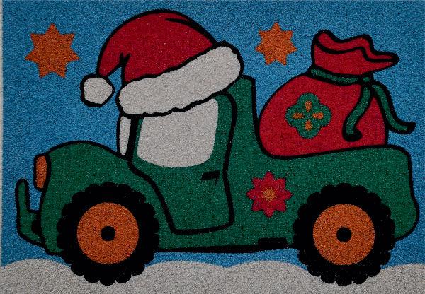 Télapó terepjáró homokkép színes sablonnal és díszekkel.