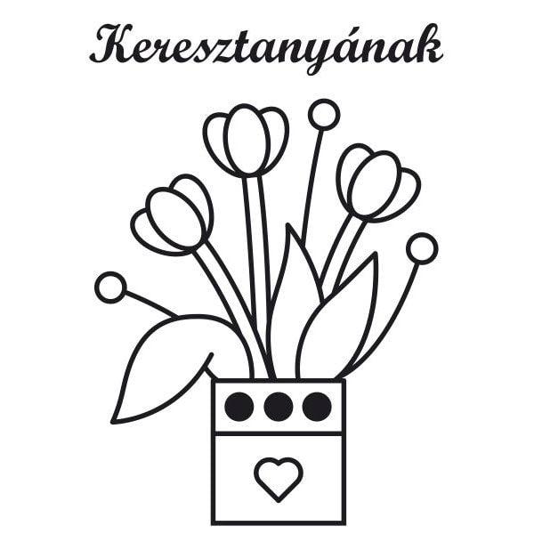 Tulipánok Keresztanyának homokkép sablon minta fekete-fehérben, virágokat ábrázol betűkkel.