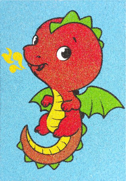Cute fiery dragon sand art on blue background with colorful details.