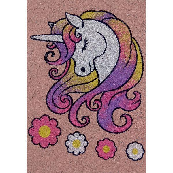 Unicorn sand art kit with colorful flowers, titled "Unikornis 2 homokkép".