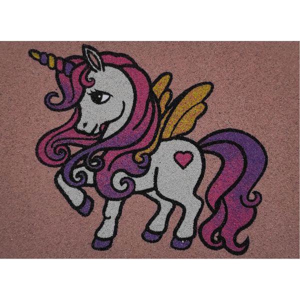 Unikornis homokkép kreatív készlet sablonnal és színes homokkal.