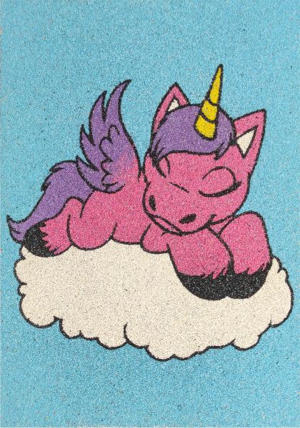 Unicorn sand art kit with colorful unicorn design on a cloud.