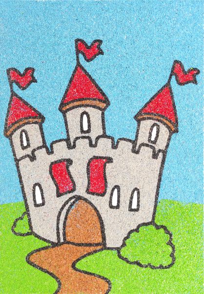 Colorful sand art castle image on a textured background.