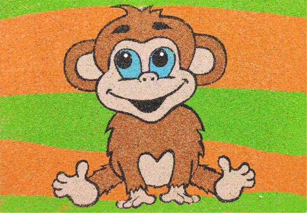Vidám majom homokkép színes homokkal készült kézműves sablon.