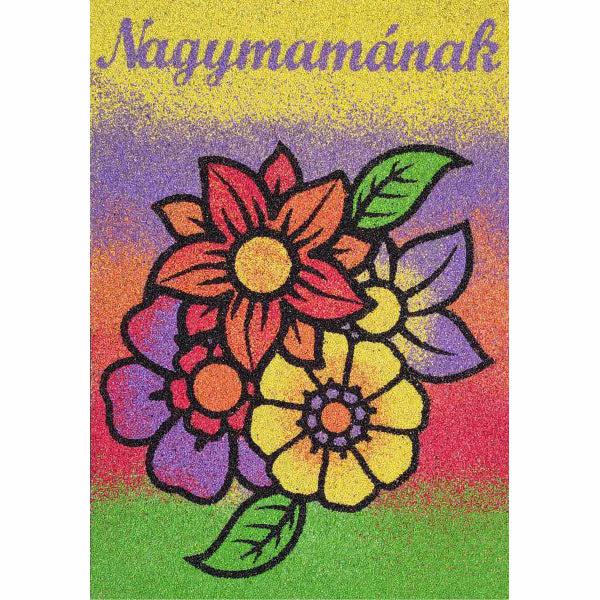 Virágos homokkép nagymamának, színes kreatív sablon.