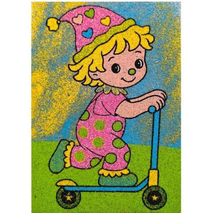 Rolleres bohóc homokfestés színes tasakokkal és sablonképpel gyerekeknek