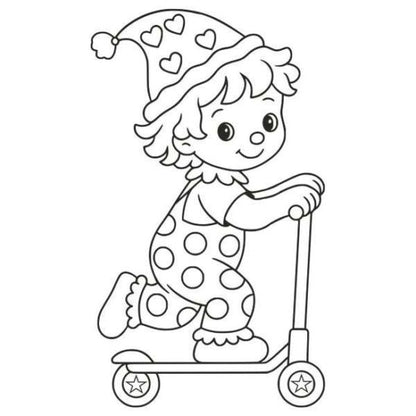 Rolleres bohóc homokkép homokfestéssel, sablonkép és színes homokcsomaggal gyerekeknek