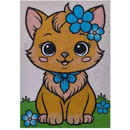 Virágos cica homokkép homokfestéshez, színes homokkal és sablonképpel