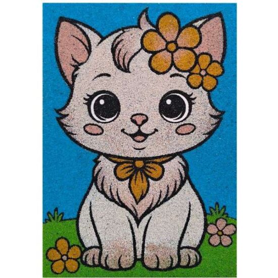 Virágos cica homokkép homokfestés készlet színes homokkal és sablonképpel