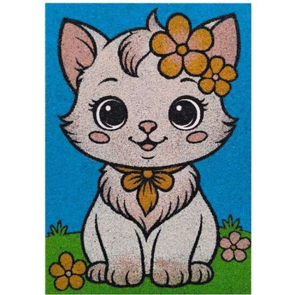 Virágos cica homokkép homokfestés készlet színes homokkal és sablonképpel