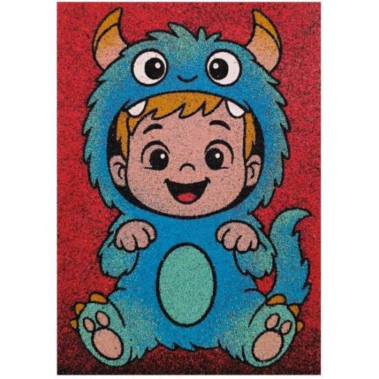 Kisfiú homokfestő jelmezben színes homokkal rajzol