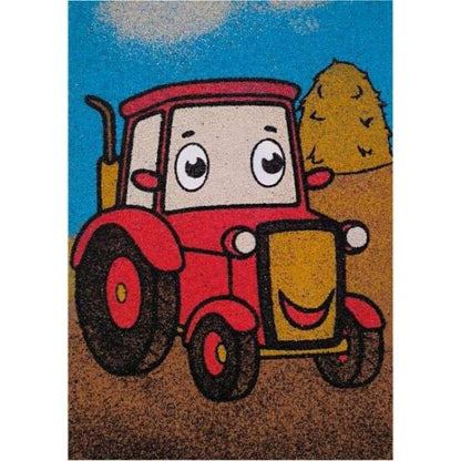 Szemes traktor homokkép sablon és színes homok a kreatív homokfestéshez gyerekeknek és felnőtteknek